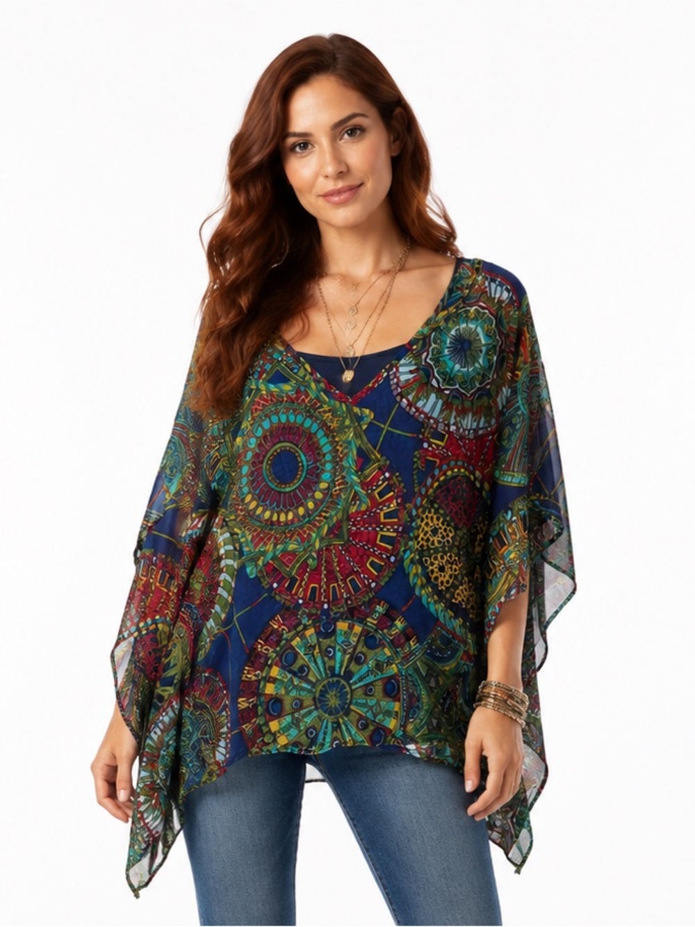 Envy Boho Sheer Poncho Top Multicolor Mandala Print – One Size